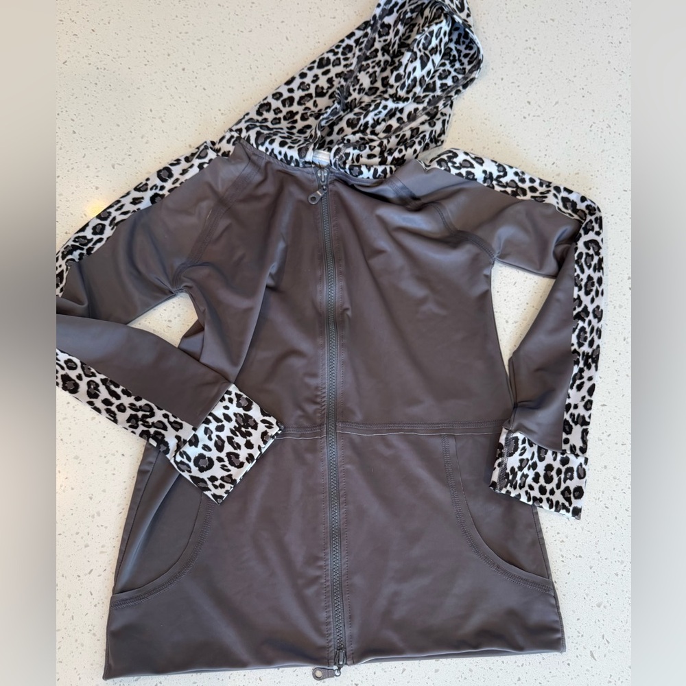 David Cline Athleisure Black White Animal Print Zip Up Hoodie Women's XS Laser
